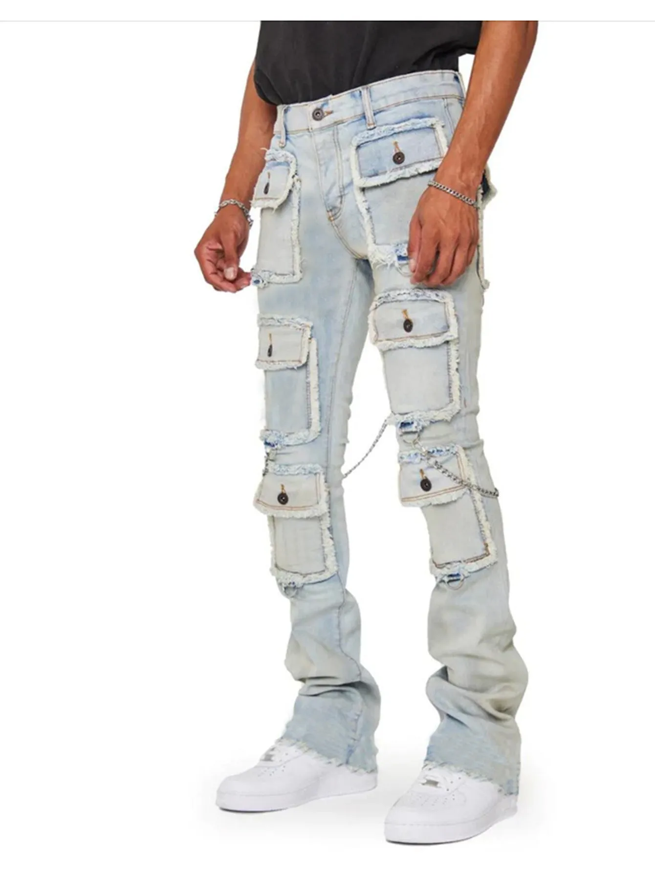 Blavra Hiphop Fashion Multi-Pocket Straight Jeans