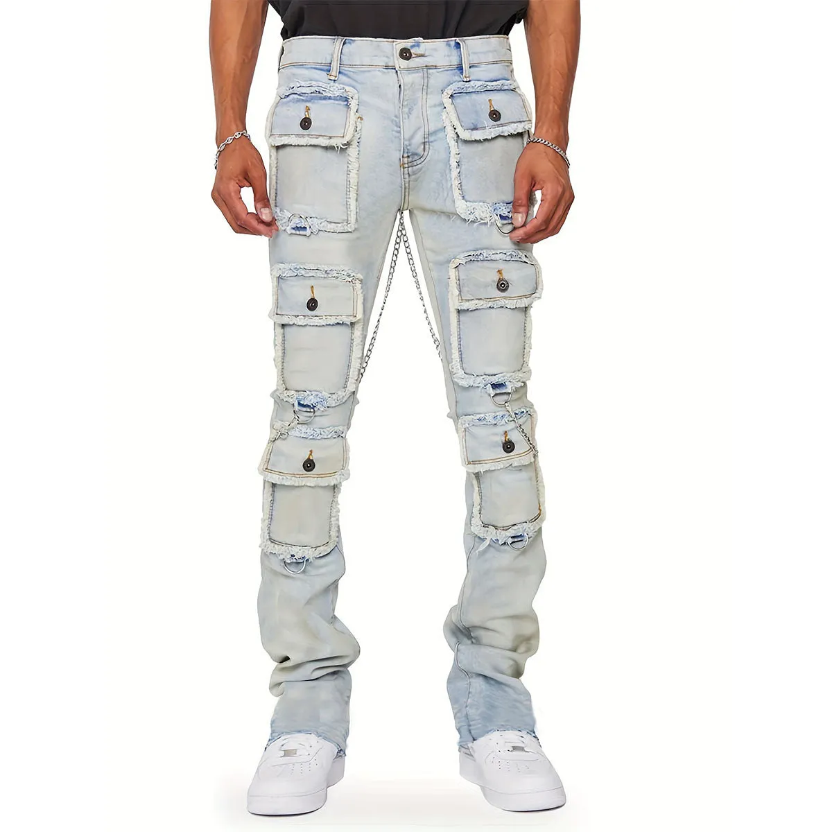 Blavra Hiphop Fashion Multi-Pocket Straight Jeans