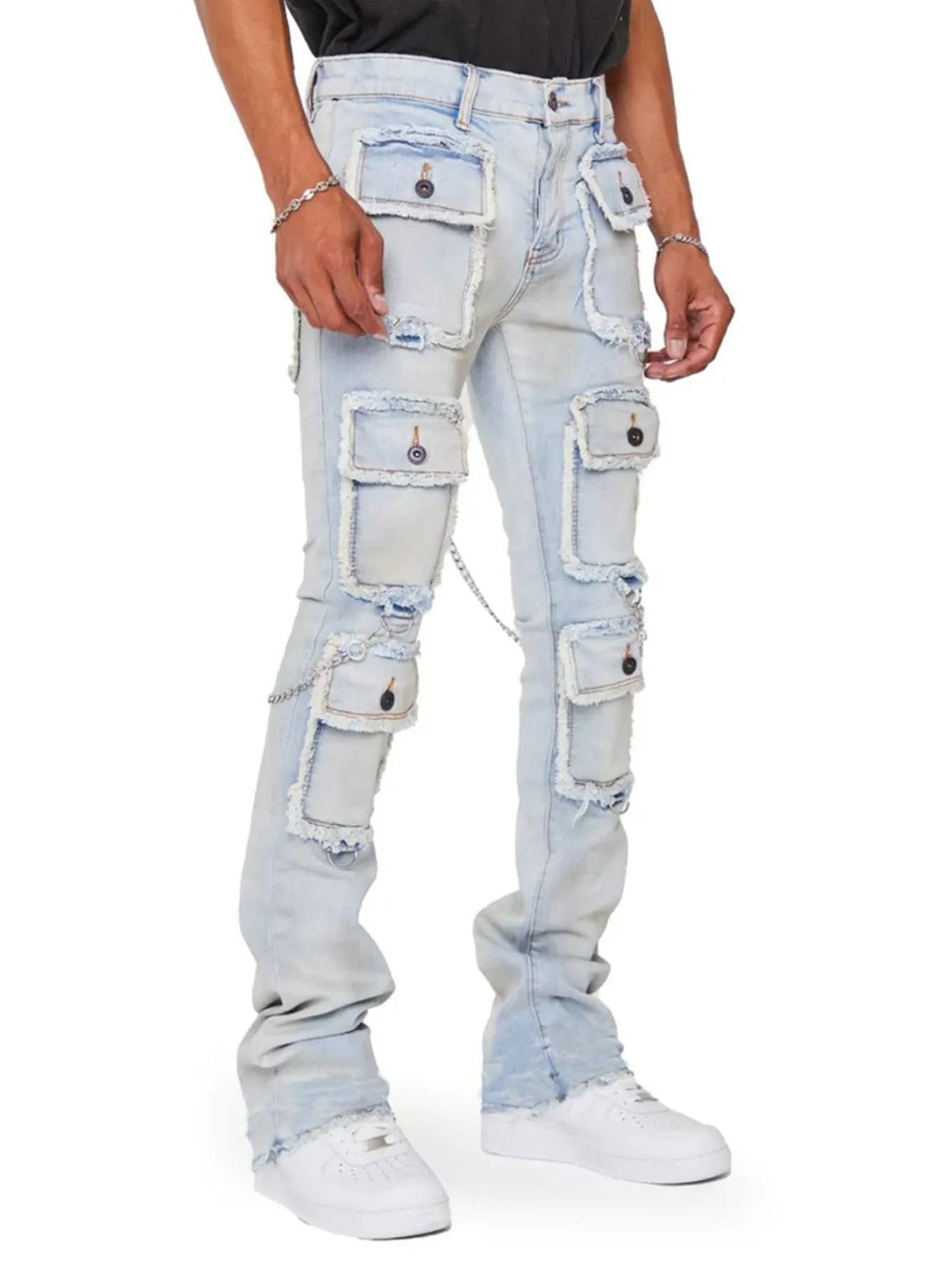 Blavra Hiphop Fashion Multi-Pocket Straight Jeans