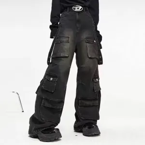 Blavra Multi-Pocket Vintage Street Distressed Jeans