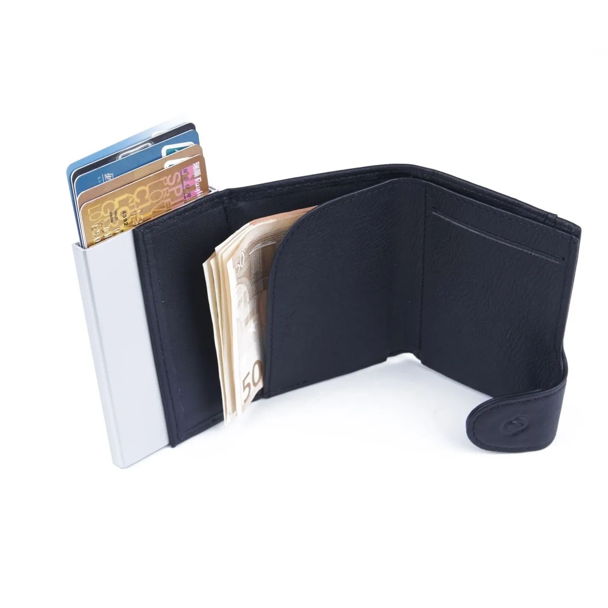 C-Secure Aluminum Card Holder with Genuine Leather and Coin Pouch - Naval Blue
