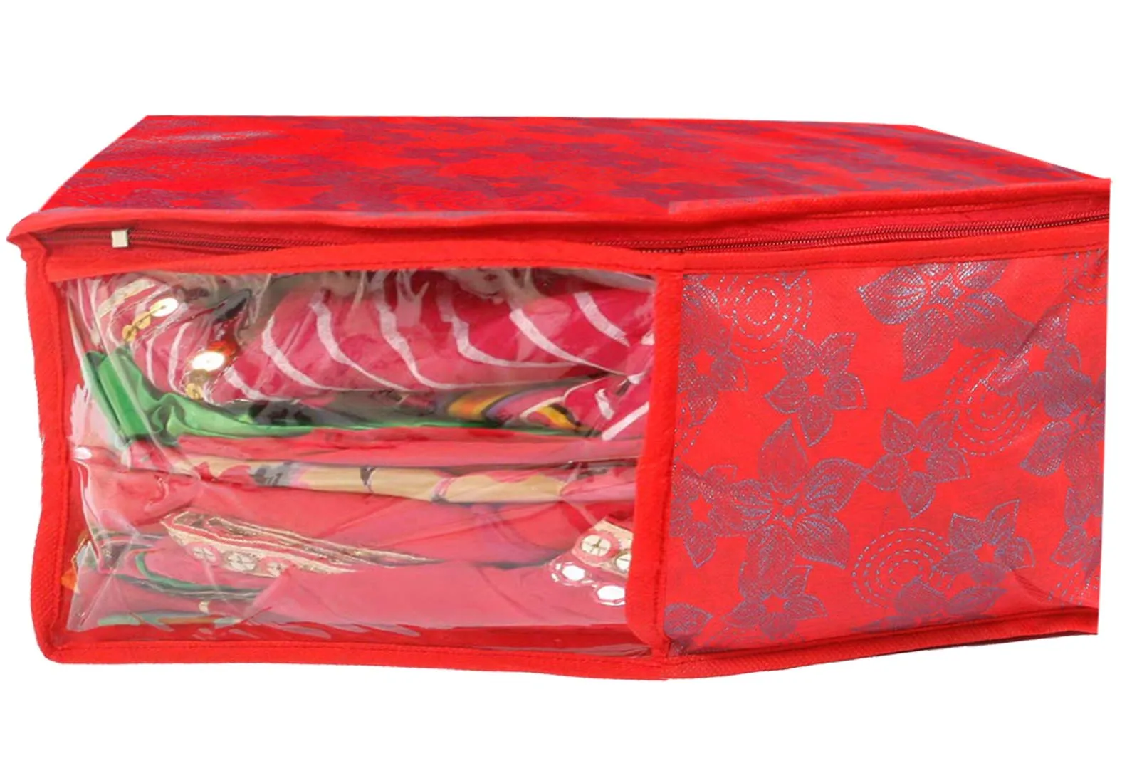 Kuber Industries Metallic Printed Non Woven 3 Piece Saree Cover/Cloth Wardrobe Organizer and 3 Pieces Blouse Cover Combo Set (Red) -CTKTC038409