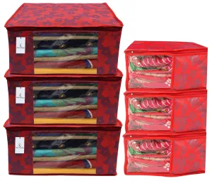 Kuber Industries Metallic Printed Non Woven 3 Piece Saree Cover/Cloth Wardrobe Organizer and 3 Pieces Blouse Cover Combo Set (Red) -CTKTC038409