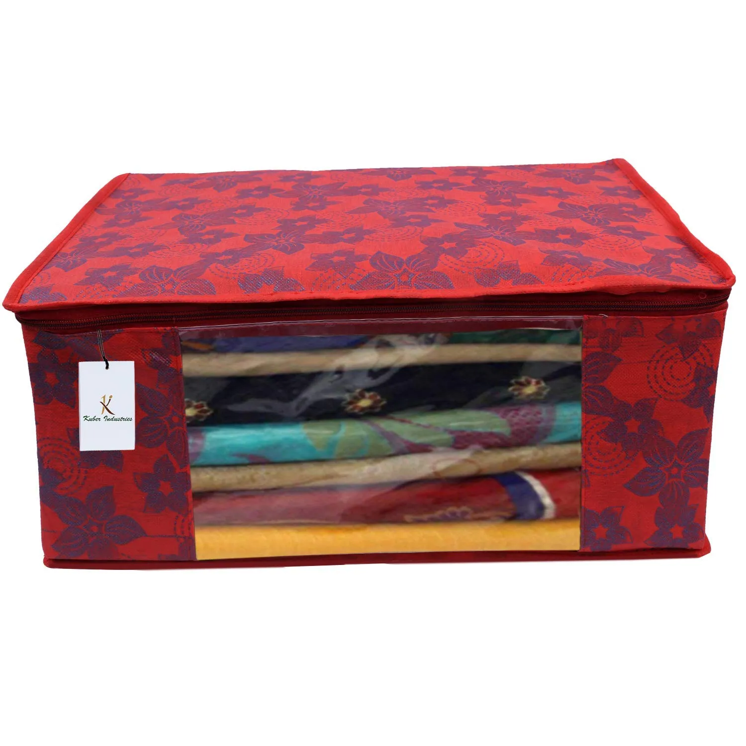 Kuber Industries Metallic Printed Non Woven 3 Piece Saree Cover/Cloth Wardrobe Organizer and 3 Pieces Blouse Cover Combo Set (Red) -CTKTC038409