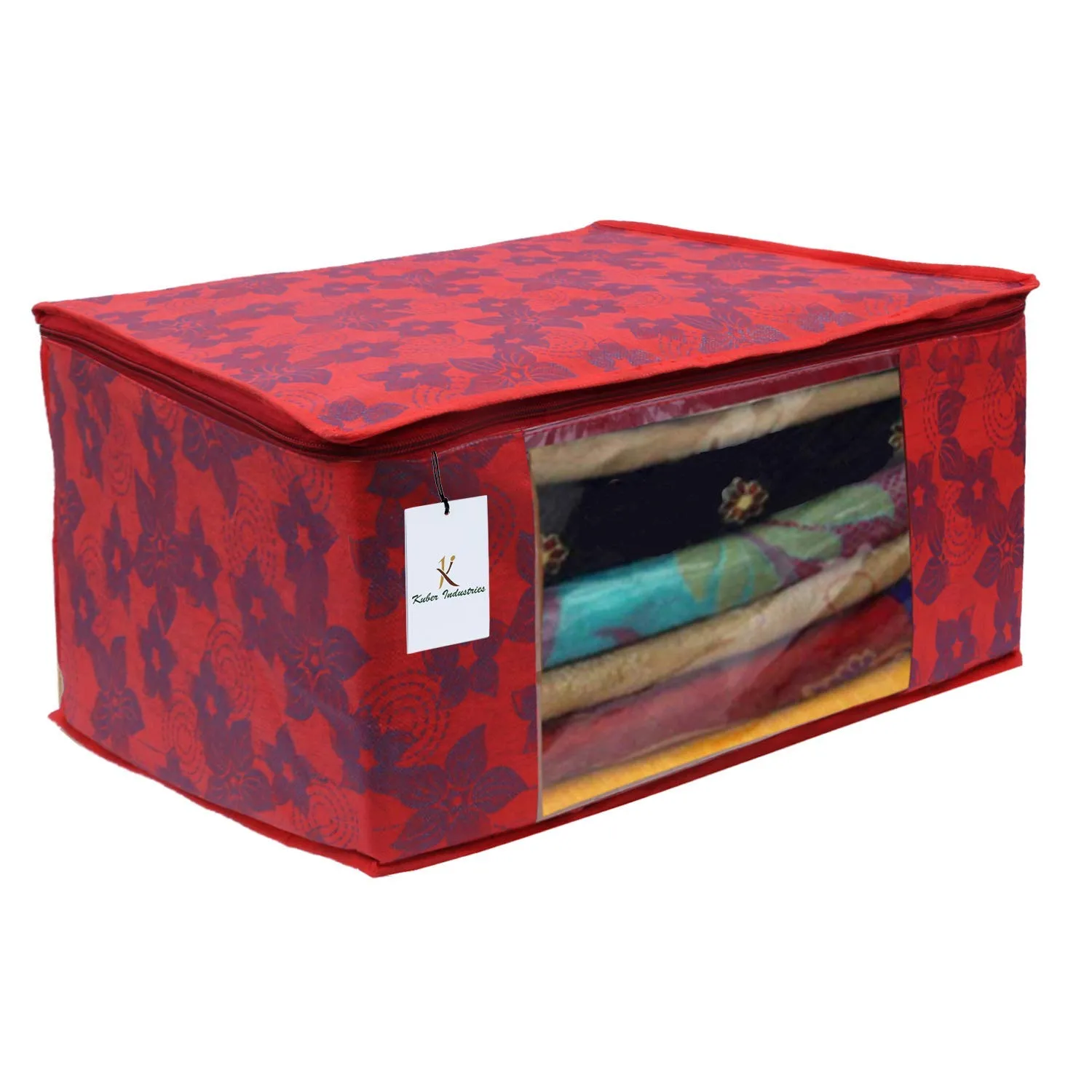 Kuber Industries Metallic Printed Non Woven 3 Piece Saree Cover/Cloth Wardrobe Organizer and 3 Pieces Blouse Cover Combo Set (Red) -CTKTC038409