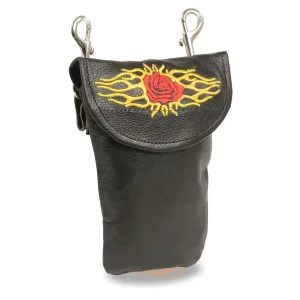 Milwaukee Leather SH506EF Unisex Black Leather Belt Bag with Rose and