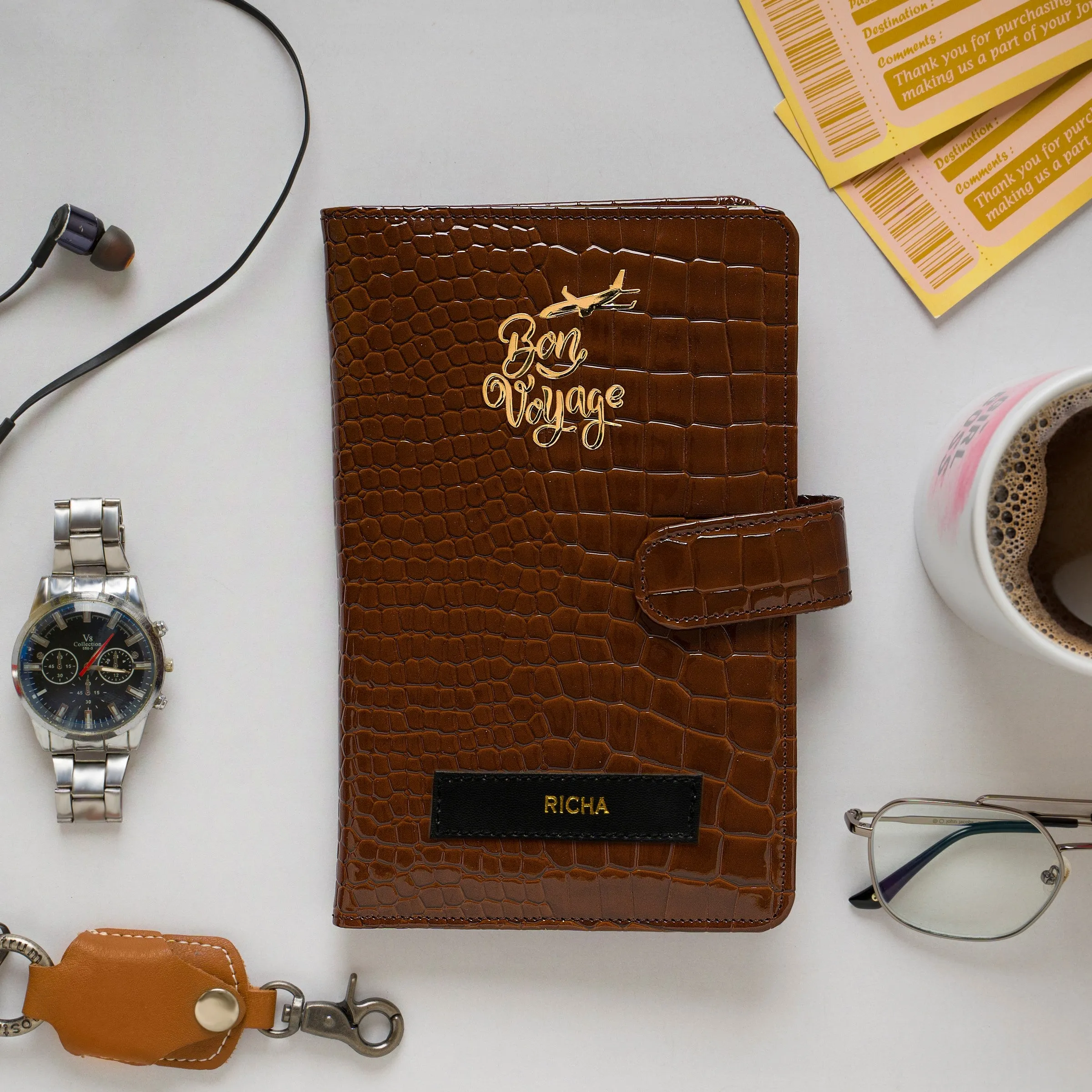 Personalized Dark Brown Croco Travel Organizer