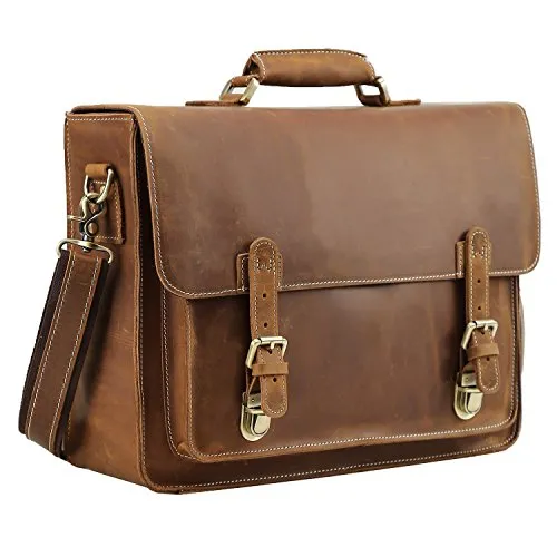 Polare Men'S Full Grain Leather Laptop Briefcase Messenger Bag Vintage Travel Case