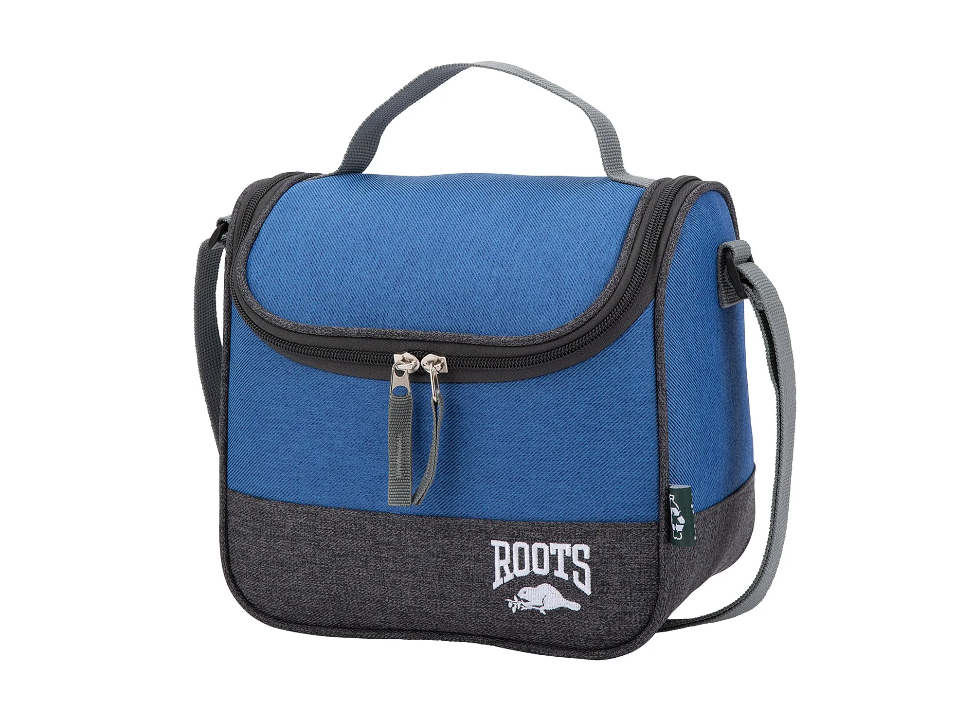 ROOTS BLUE AND GREY LUNCH BAG