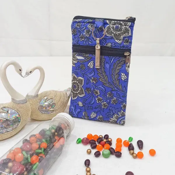 Saree Clip Mobile Pouch Blue Colour with Grey Colour Flower Design.