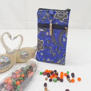 Saree Clip Mobile Pouch Blue Colour with Grey Colour Flower Design.