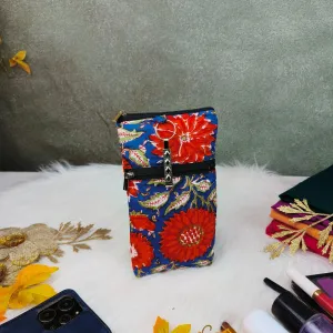 Saree Clip Mobile Pouch Blue with Red Botanical Prints Design