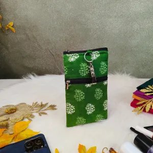 Saree Clip Mobile Pouch Green with White Ditsy Botanical Prints Design