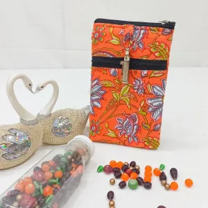 Saree Clip Mobile Pouch Orange Colour with Light Green Flower Design.