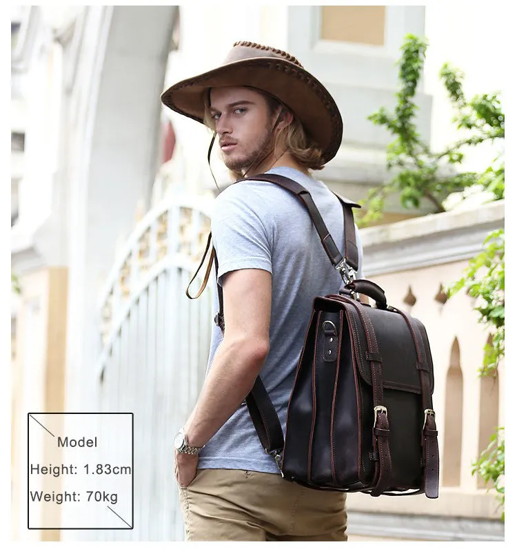 Vintage Large Capacity Crazy Horse Leather Backpack Convertible Briefcase Messenger Bag Genuine Leather Travel Backpack