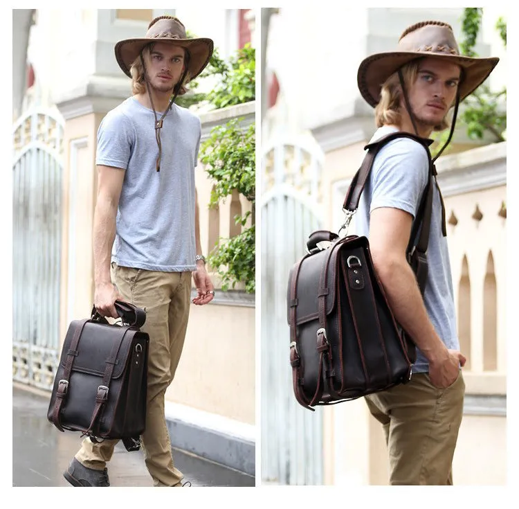 Vintage Large Capacity Crazy Horse Leather Backpack Convertible Briefcase Messenger Bag Genuine Leather Travel Backpack
