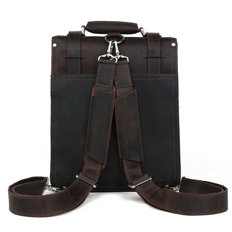 Vintage Large Capacity Crazy Horse Leather Backpack Convertible Briefcase Messenger Bag Genuine Leather Travel Backpack