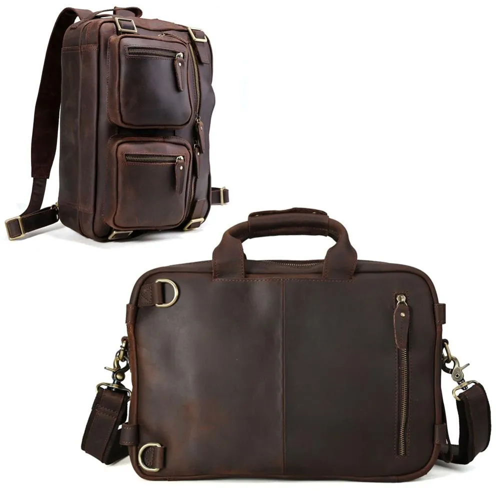 Vintage Multifunctional Crazy Horse Leather Backpack Convertible Business Portable Briefcase Shoulder Bag Men