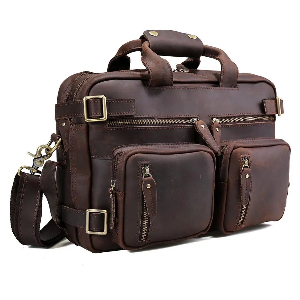 Vintage Multifunctional Crazy Horse Leather Backpack Convertible Business Portable Briefcase Shoulder Bag Men
