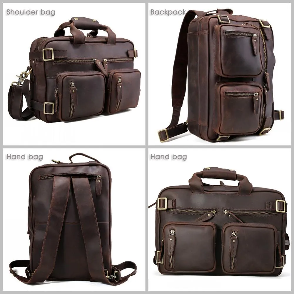 Vintage Multifunctional Crazy Horse Leather Backpack Convertible Business Portable Briefcase Shoulder Bag Men