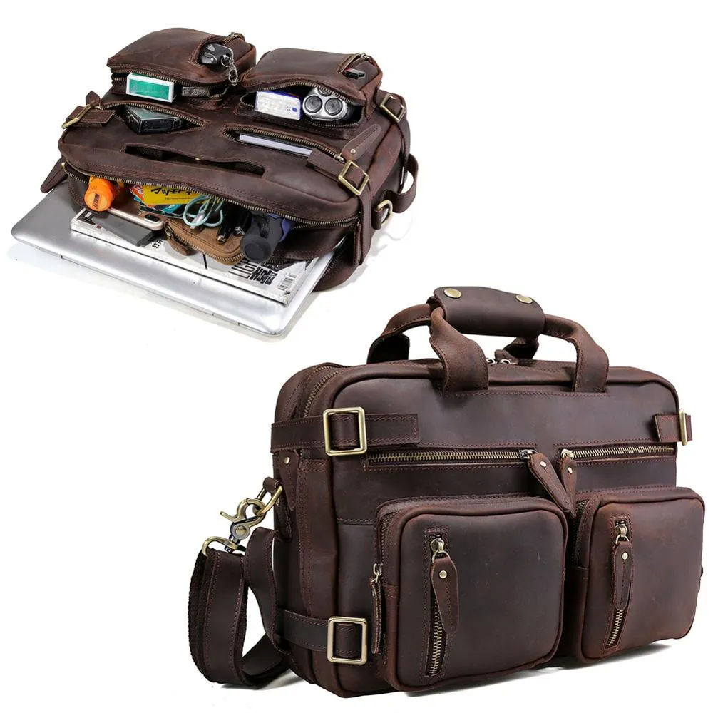 Vintage Multifunctional Crazy Horse Leather Backpack Convertible Business Portable Briefcase Shoulder Bag Men