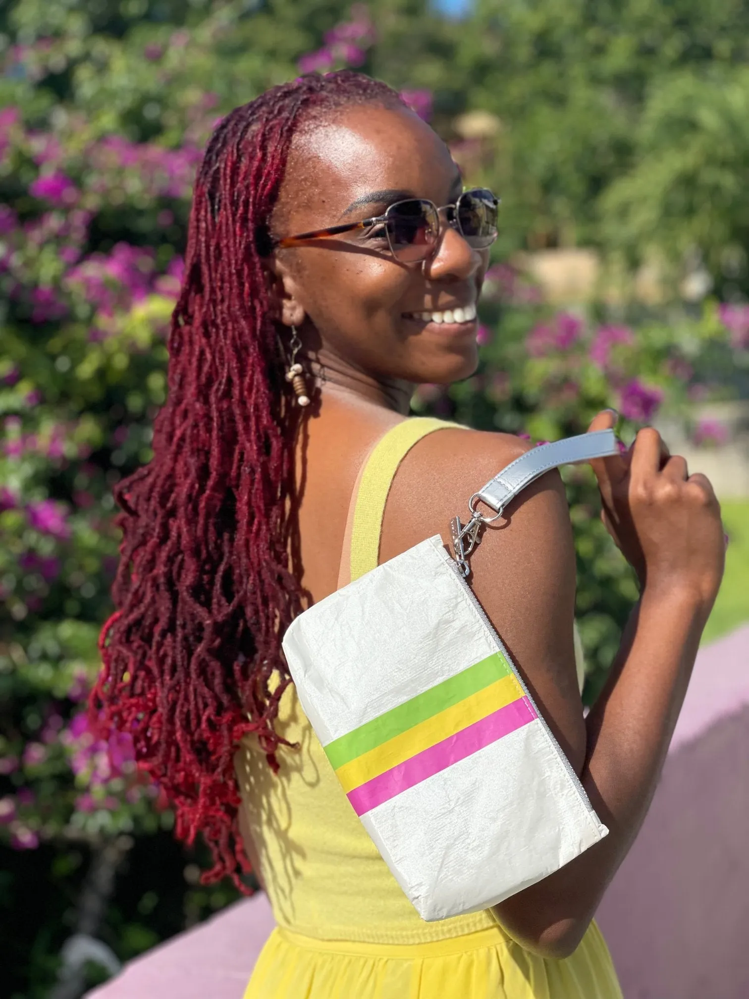 Zip Wristlet in Shimmer White with Colorful Green, Yellow, and Pink Stripes
